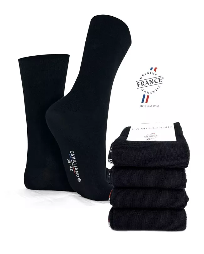 Chaussettes Noires pour homme en Coton Bio Made in France • Pack de 4 paires • Camilliano